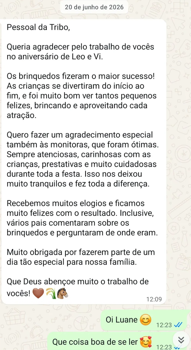 Mensagem de uma família agradecendo pelo aniversário de Leo e Vi, elogiando brinquedos e monitoras